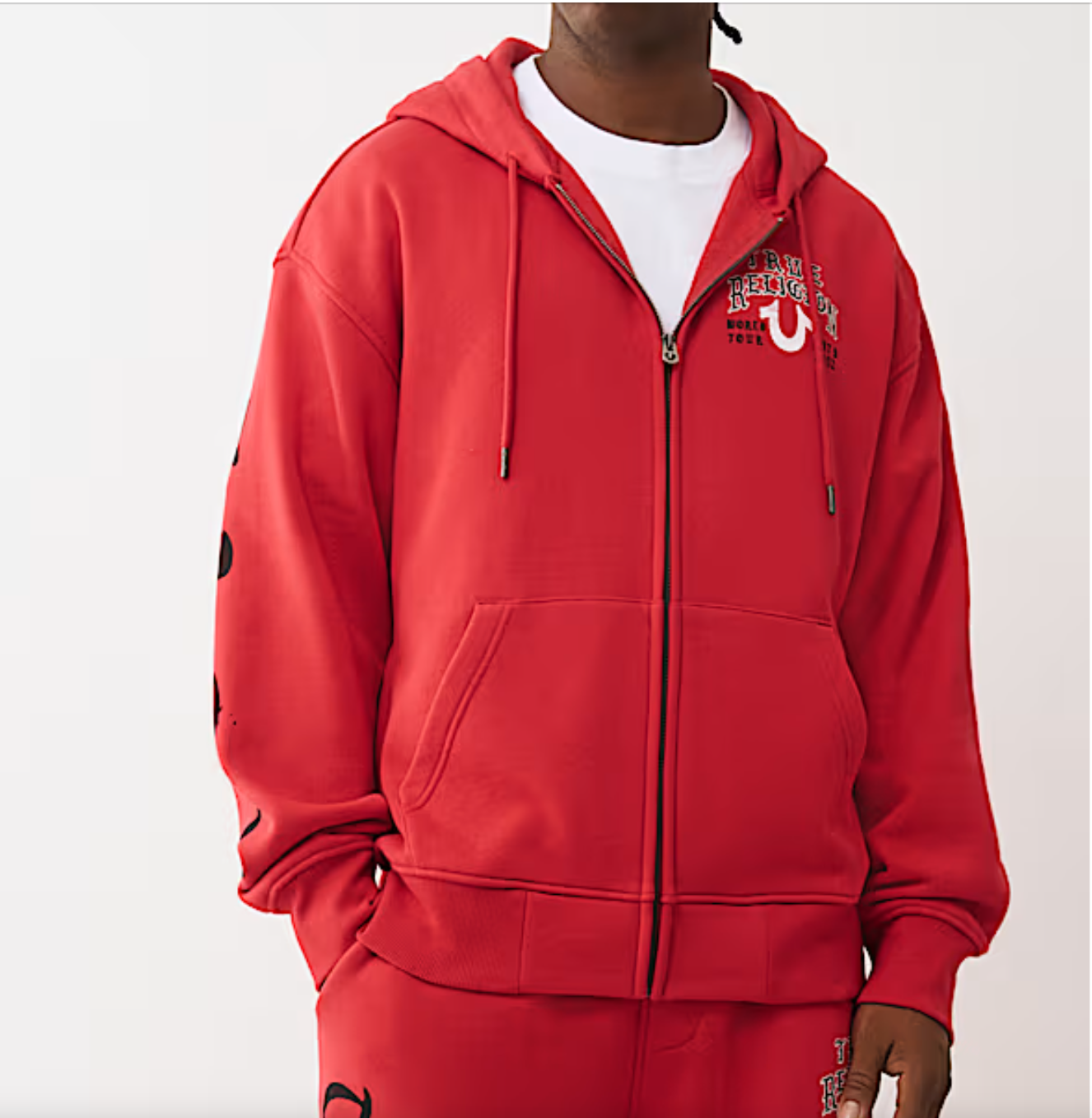 Mens True Religion Applique Full-Zip Fleece Hoodie Set (Red)